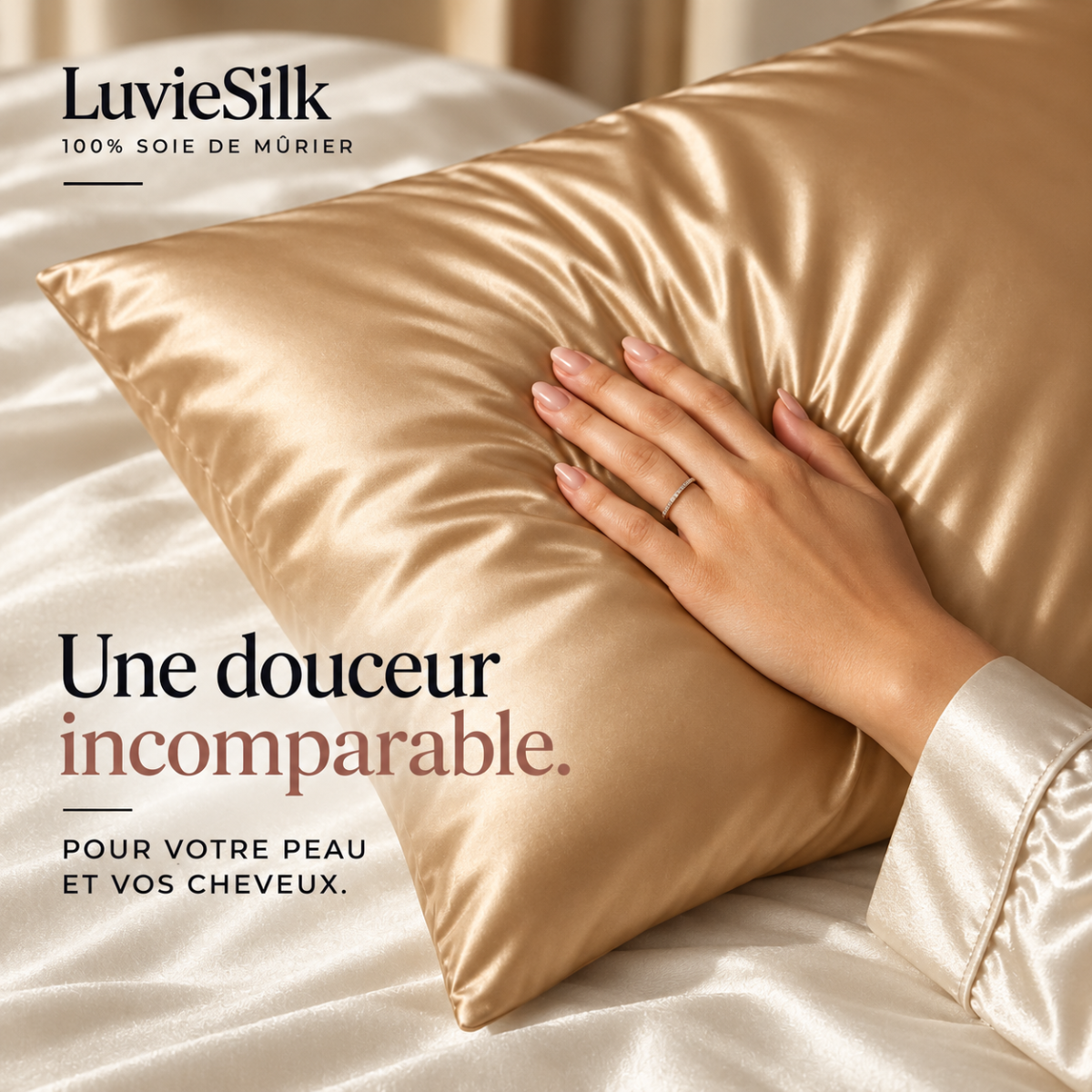 Main posée sur une taie d'oreiller en soie de mûrier dorée LuvieSilk