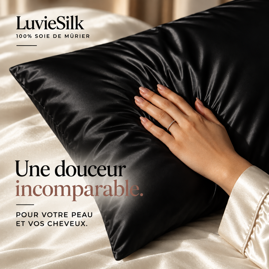 Main posée sur une taie d'oreiller en soie de mûrier noire LuvieSilk