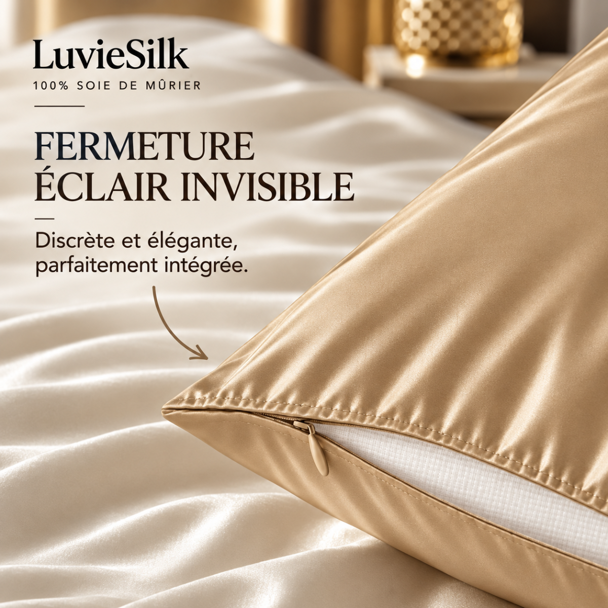 Détail de la fermeture éclair invisible d'une taie d'oreiller en soie dorée LuvieSilk