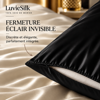 Détail de la fermeture éclair invisible d'une taie d'oreiller en soie noire LuvieSilk
