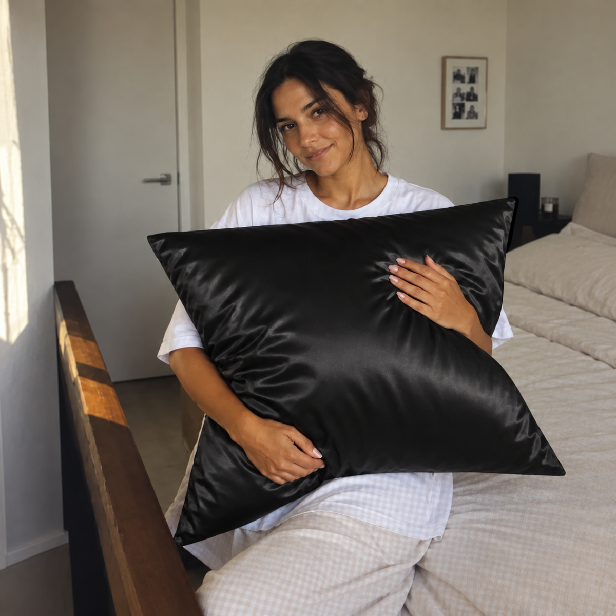 Femme tenant une taie d'oreiller en soie de mûrier noire LuvieSilk