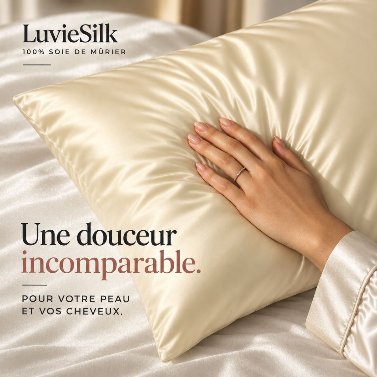 Main posée sur une taie d'oreiller en soie de mûrier ivoire LuvieSilk