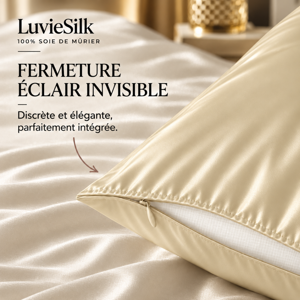 Détail de la fermeture éclair invisible d'une taie d'oreiller en soie ivoire LuvieSilk