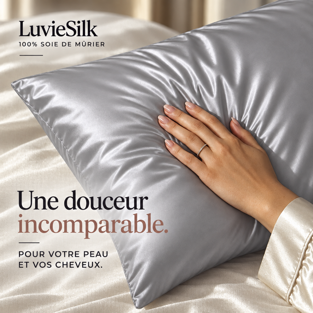 Main posée sur une taie d'oreiller en soie de mûrier argentée LuvieSilk