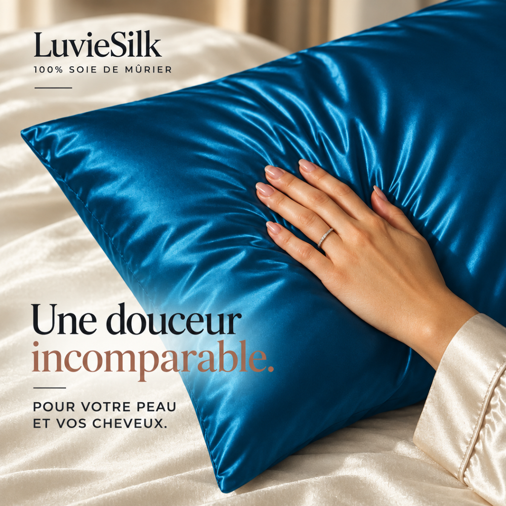 Main posée sur une taie d'oreiller en soie de mûrier bleu paon LuvieSilk