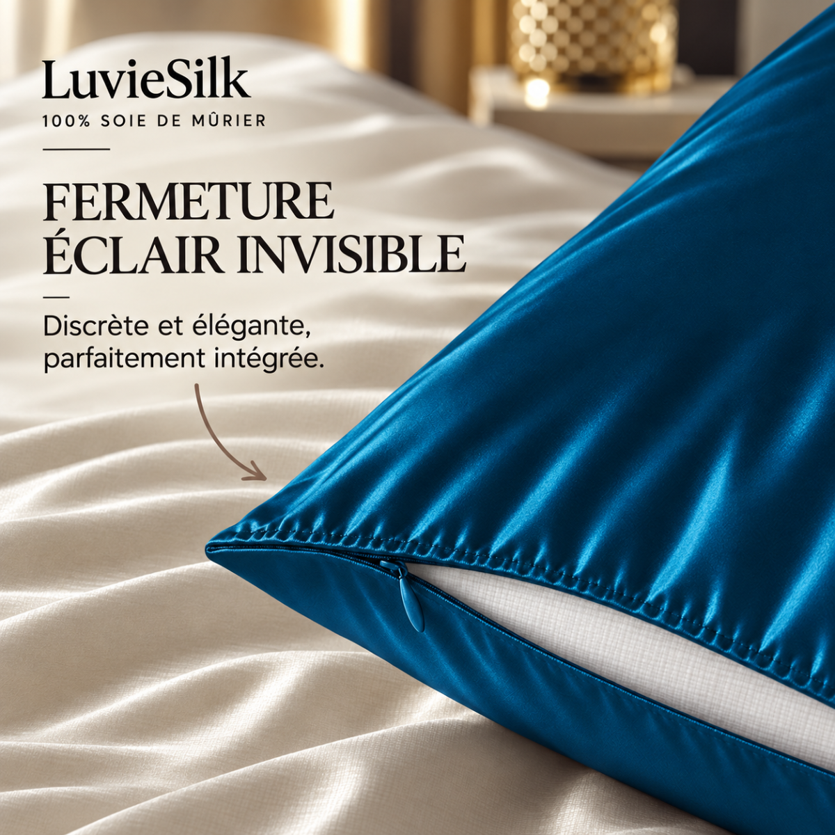 Détail de la fermeture éclair invisible d'une taie d'oreiller en soie bleu paon LuvieSilk