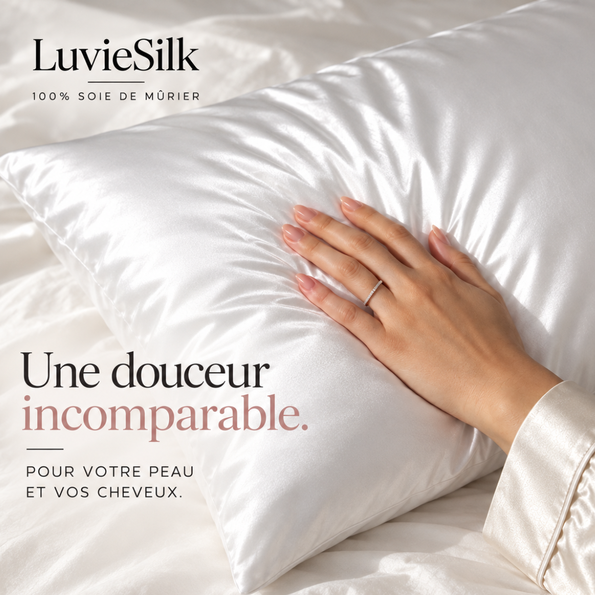 Main posée sur une taie d'oreiller en soie de mûrier blanche LuvieSilk