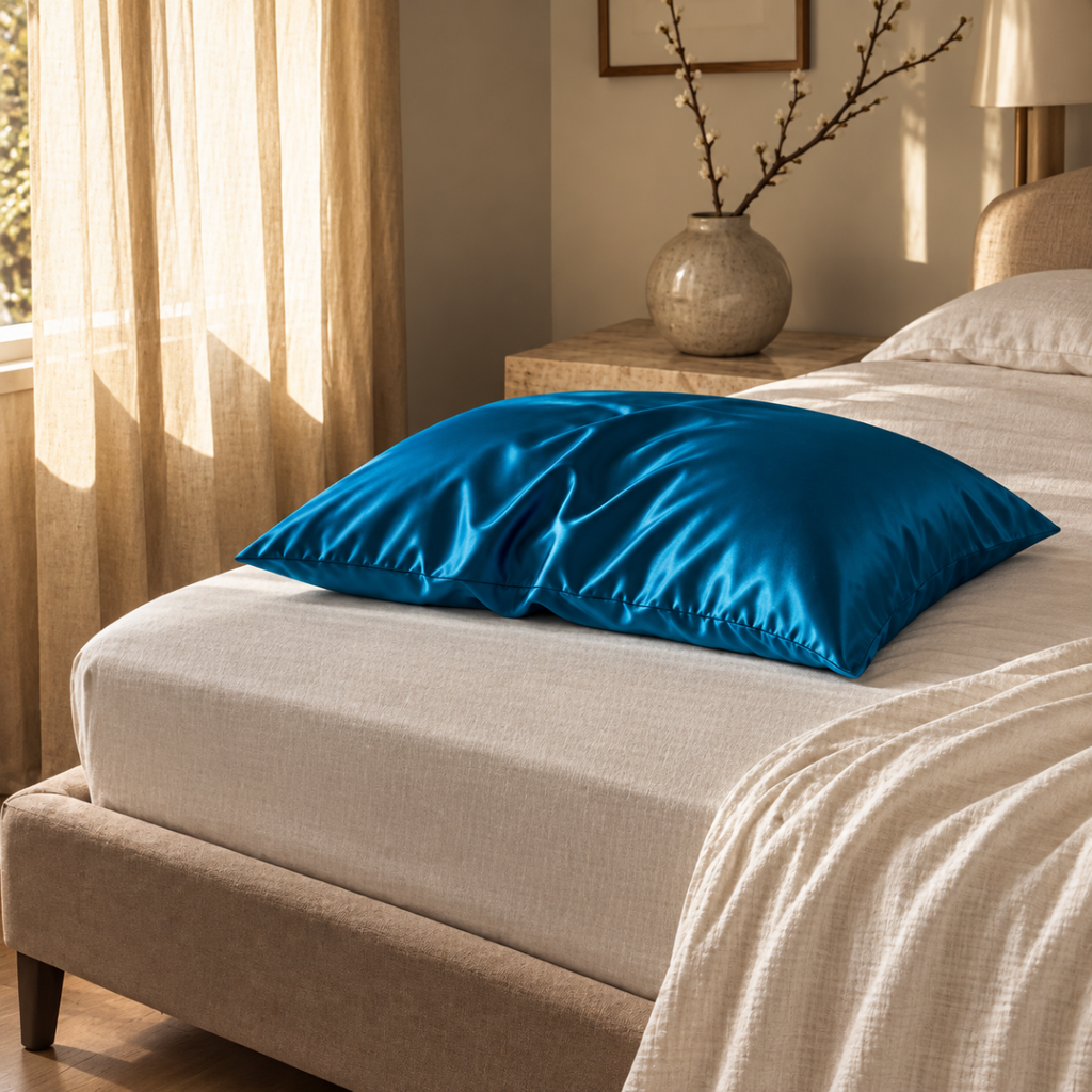 Taie d'oreiller en soie de mûrier bleu paon sur un lit, dans une chambre élégante