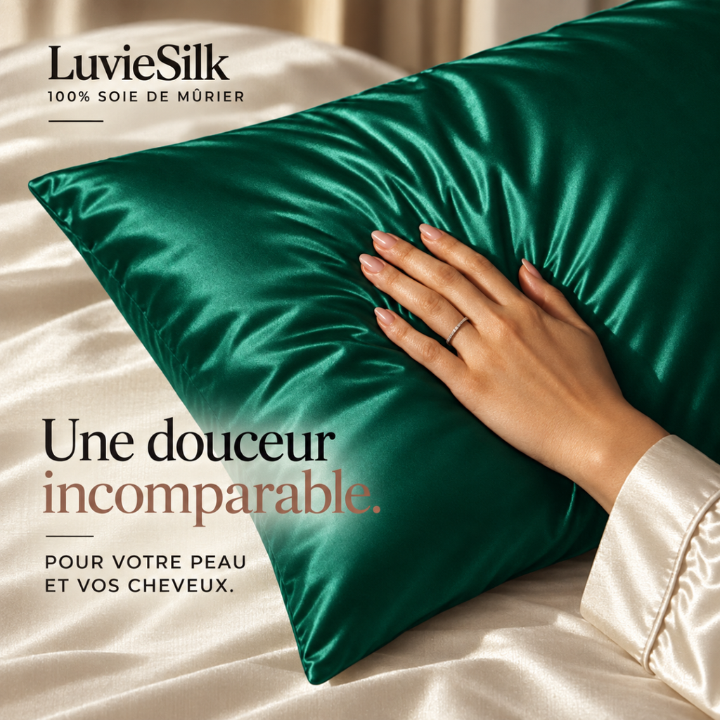 Main posée sur une taie d'oreiller en soie de mûrier émeraude LuvieSilk