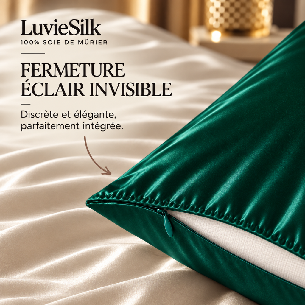 Détail de la fermeture éclair invisible d'une taie d'oreiller en soie émeraude LuvieSilk