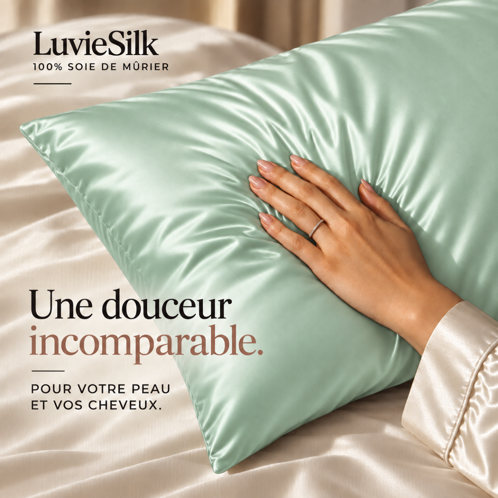 Main posée sur une taie d'oreiller en soie de mûrier vert d'eau LuvieSilk