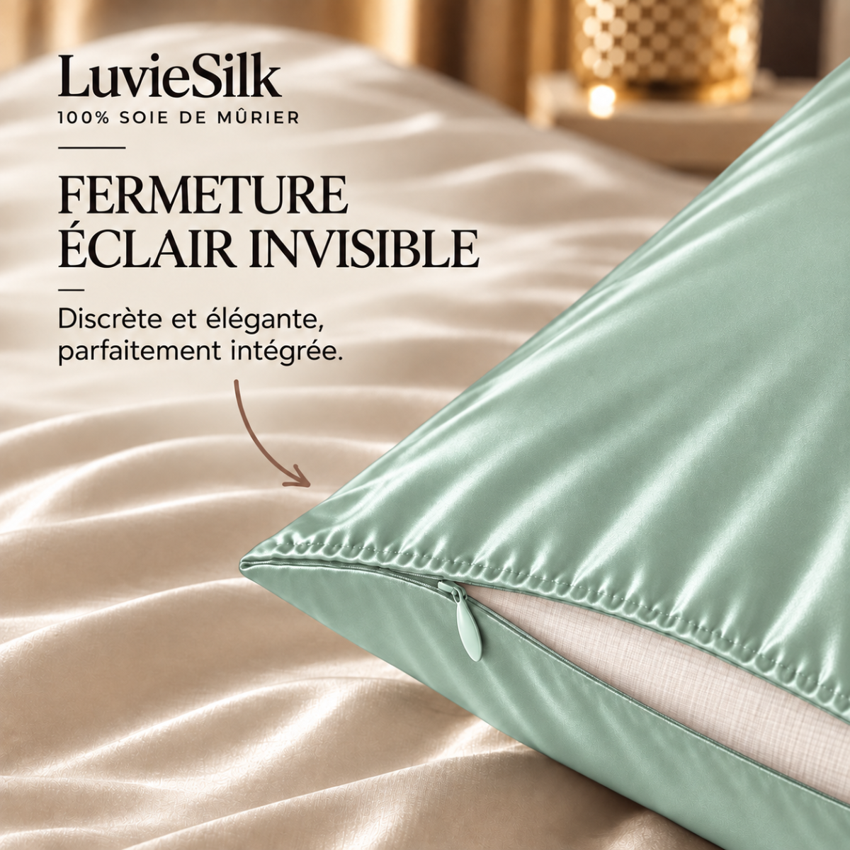 Détail de la fermeture éclair invisible d'une taie d'oreiller en soie vert d'eau LuvieSilk