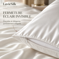 Détail de la fermeture éclair invisible d'une taie d'oreiller en soie blanche LuvieSilk