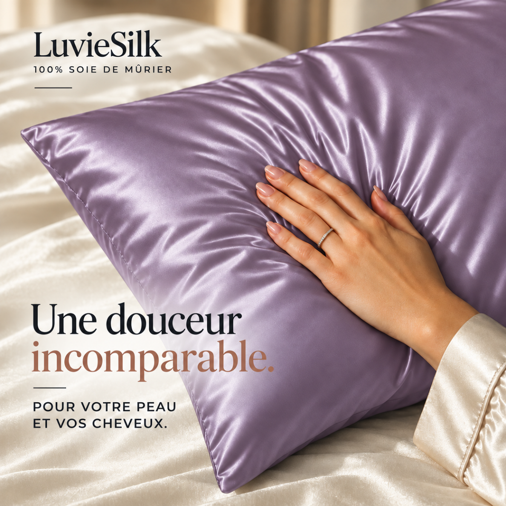 Main posée sur une taie d'oreiller en soie de mûrier lilas LuvieSilk