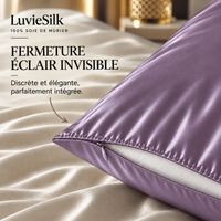 Détail de la fermeture éclair invisible d'une taie d'oreiller en soie lilas LuvieSilk