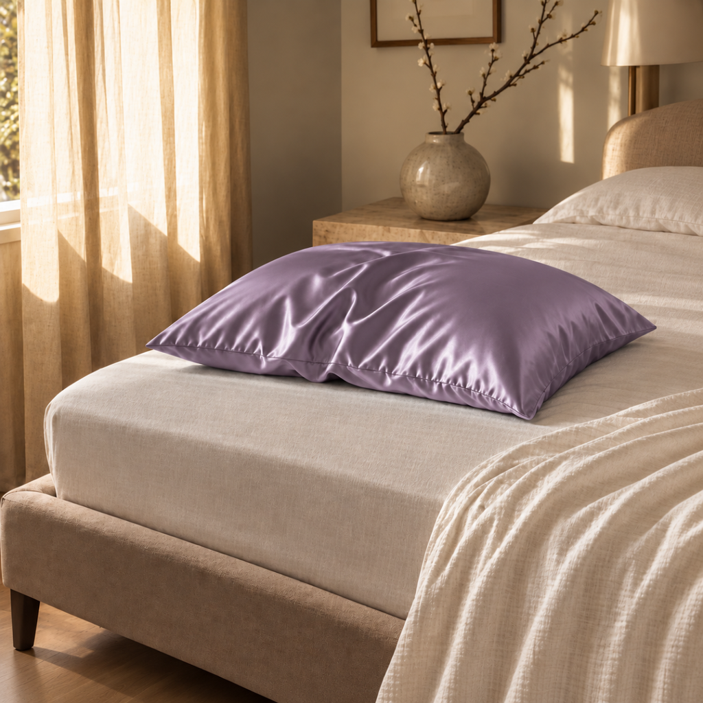 Taie d'oreiller en soie de mûrier lilas sur un lit, dans une chambre élégante