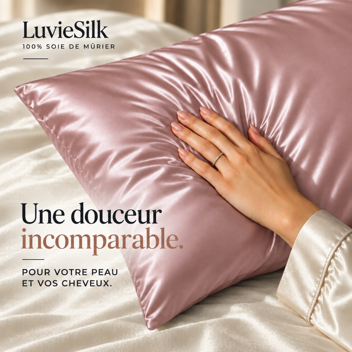 Main posée sur une taie d'oreiller en soie de mûrier dusty pink LuvieSilk