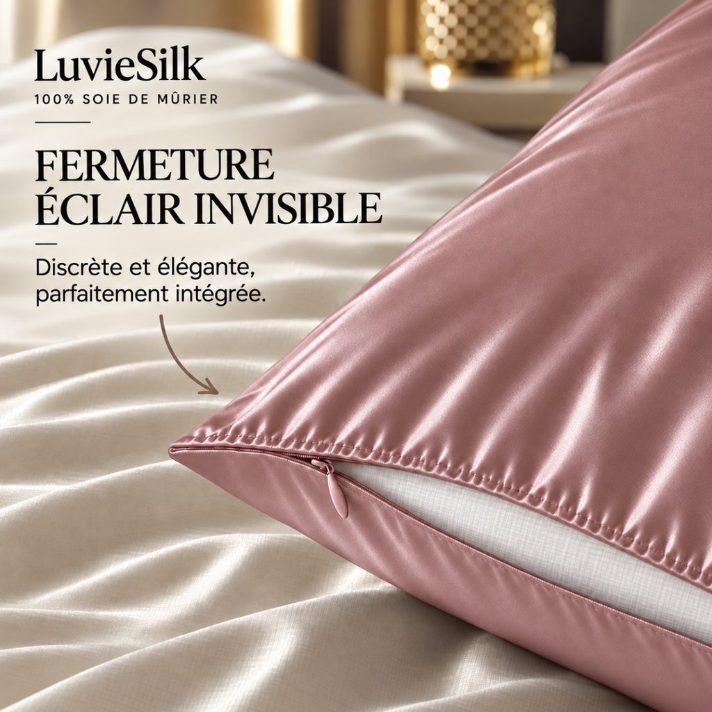 Détail de la fermeture éclair invisible d'une taie d'oreiller en soie dusty pink LuvieSilk