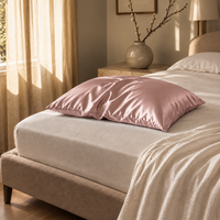 Taie d'oreiller en soie de mûrier dusty pink sur un lit, dans une chambre élégante