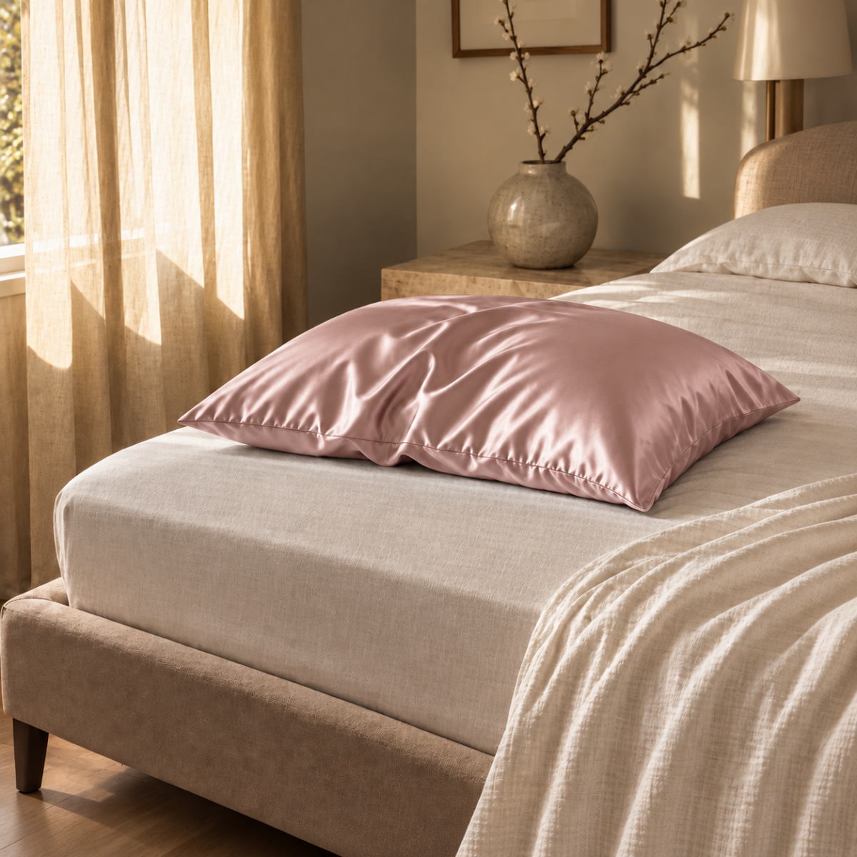 Taie d'oreiller en soie de mûrier dusty pink sur un lit, dans une chambre élégante