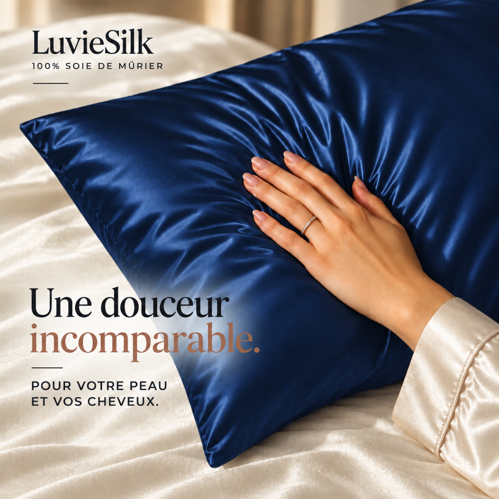 Main posée sur une taie d'oreiller en soie de mûrier bleu marine LuvieSilk