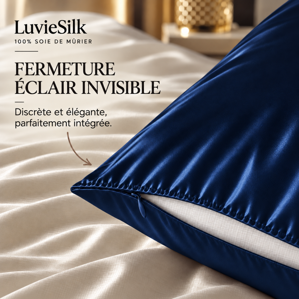 Détail de la fermeture éclair invisible d'une taie d'oreiller en soie bleu marine LuvieSilk