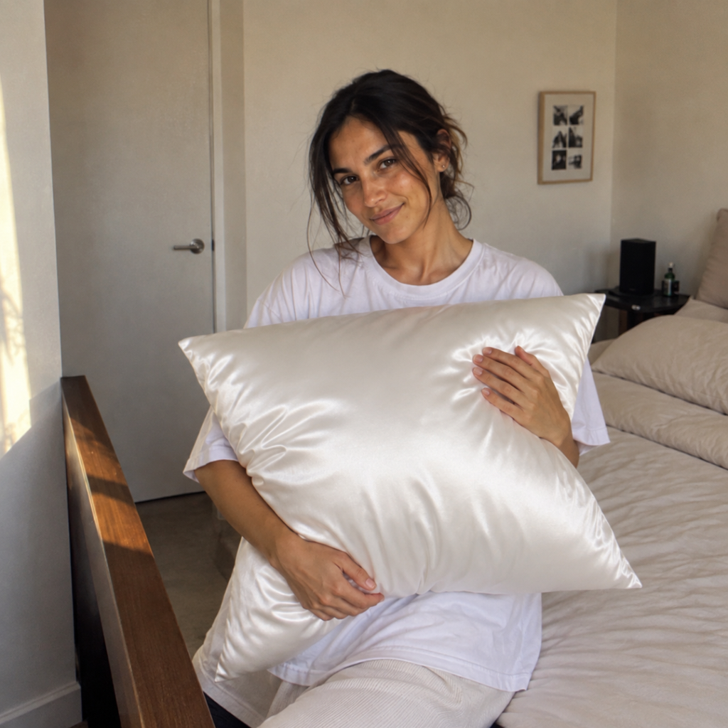 Femme tenant une taie d'oreiller en soie de mûrier blanche LuvieSilk